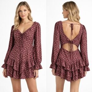 NWT Womens Cottagecore Mini Dress Pink Floral Tiered Cutout Back Prairie Size L